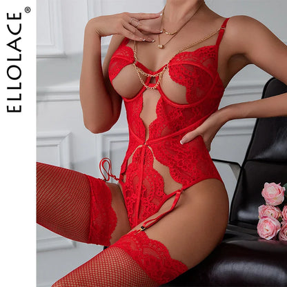 Ellolace Erotic Bodysuit Women Uncensored One Pieces Body Tights With Stocking Porn See-Through Thongs Sissy Red Erotic Costume