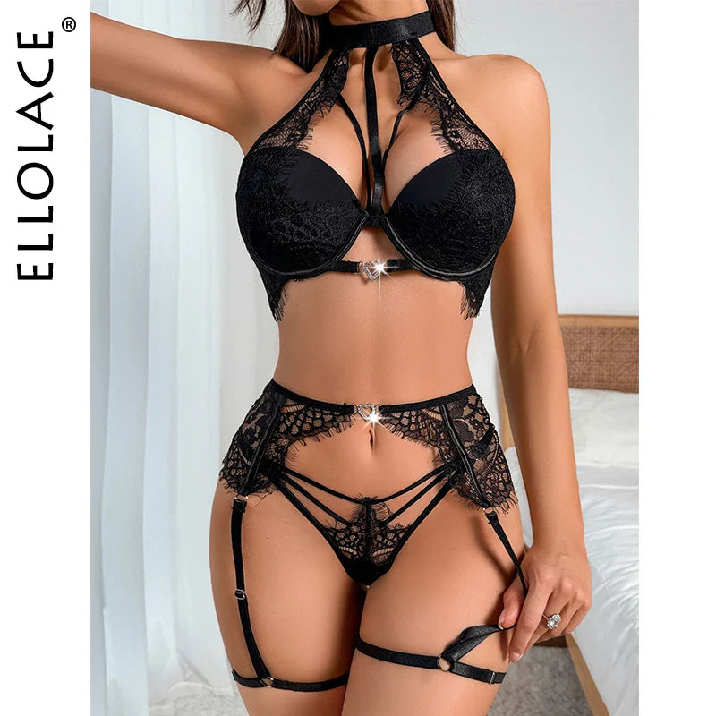 Ellolace Sexy Lingerie Halter Bra Onlyfans Kit Fantasy Bilizna Set Push Up Matching Garter Belt Set G-String Thong Intimate