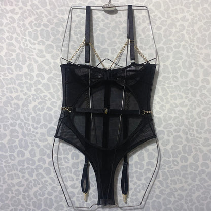 Tight Bodysuit With Chain Fitness Transparent Mesh Body Woman Sheer Lace One Piece Tops Nightclub Fantasy  Teddy