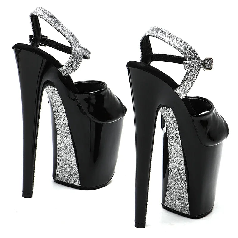 20cm/ 8inches Patent PU  Upper  black-silver glitter  platform  high heel  open toe sandals  pole dance shoes