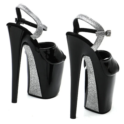 20cm/ 8inches Patent PU  Upper  black-silver glitter  platform  high heel  open toe sandals  pole dance shoes