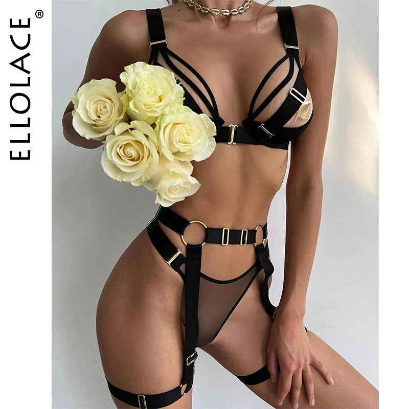 Ellolace Sensual Lingerie Porn Transparent Bra Lace Thongs 5-Piece Sissy Delicate Underwear Uncensored Exotic Sets With Garters