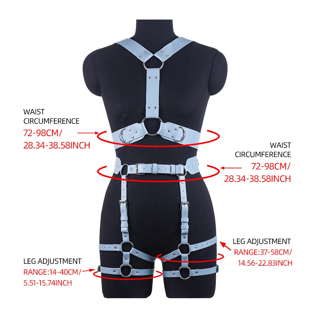 Full Body Harness Belt Blue Set  Lingerie Women Punk PU Leather Harness Bra Chest Straps Suspenders Garter Belts