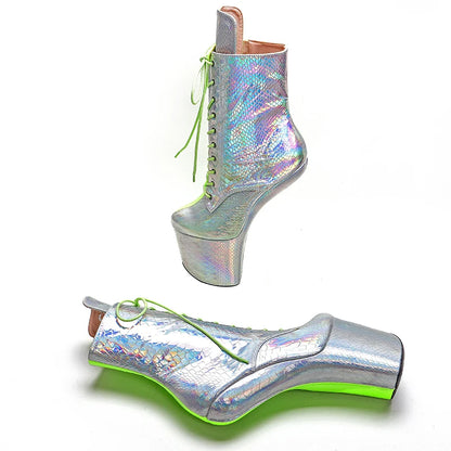 PU Upper  Silver with green color Platform Ankle Boots y Exotic heelless pole dance shoes