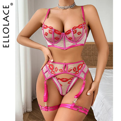 Ellolace Fancy Lingerie Red Lips Embroidery Lace Delicate Bra Sissy Tulle Underwar Uncensored Onlyfans Kit Ensemble 5-Piece