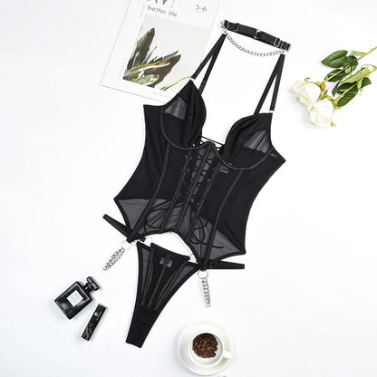 Conjunto de corsé con cordones y espalda descubierta, lencería elegante, ropa interior sin costuras, Kit de sujetador de 3 piezas, conjuntos exóticos de realce, íntimo fino negro 