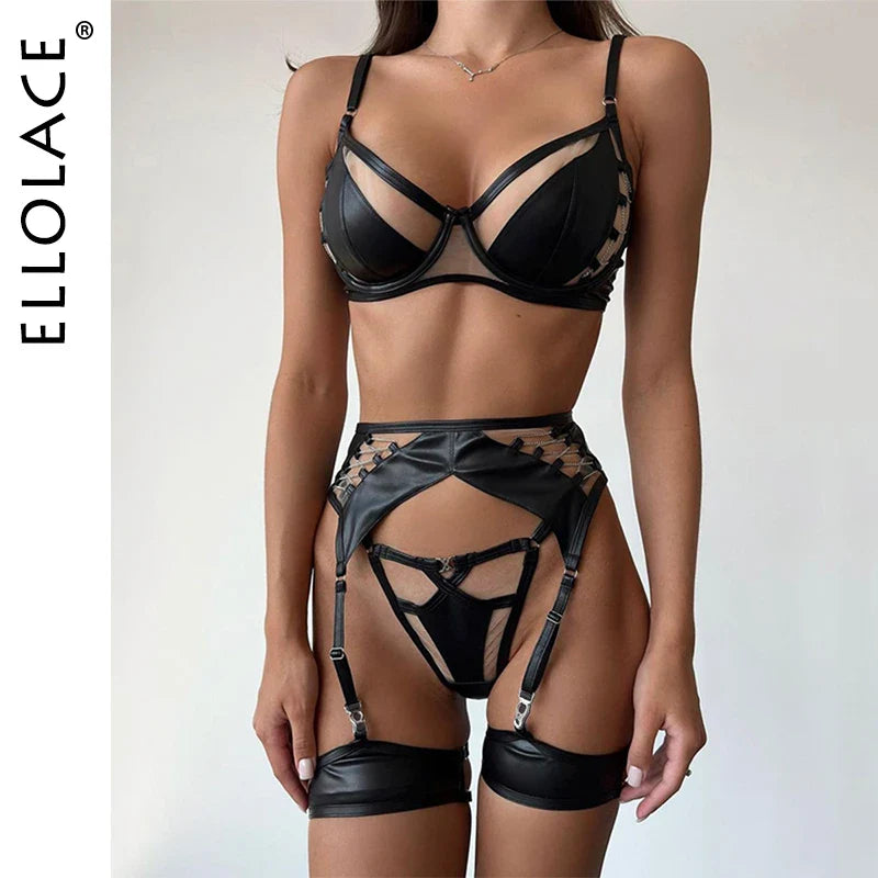 Ellolace Leather Luxury Lingerie 4-Piece Chain Bra Attractive Chest Suspenders g-String Patchwork Underwear Erotic Sexy Set