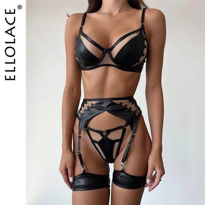 Ellolace Leather Luxury Lingerie 4-Piece Chain Bra Attractive Chest Suspenders g-String Patchwork Underwear Erotic Sexy Set