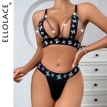 Ellolace Butterfly Print Porn Erotic Lingerie Hollow Sexy Costume Sissy Underwear Fantasy Uncensored Hot Sex Bra Sets