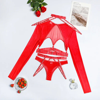 Ellolace Sexy Lingerie Cut Out Top Sheer Lace Transparent Exotic t-Shirts Gothic Sensual Accessories 4-Piece Garter Belt Outfits