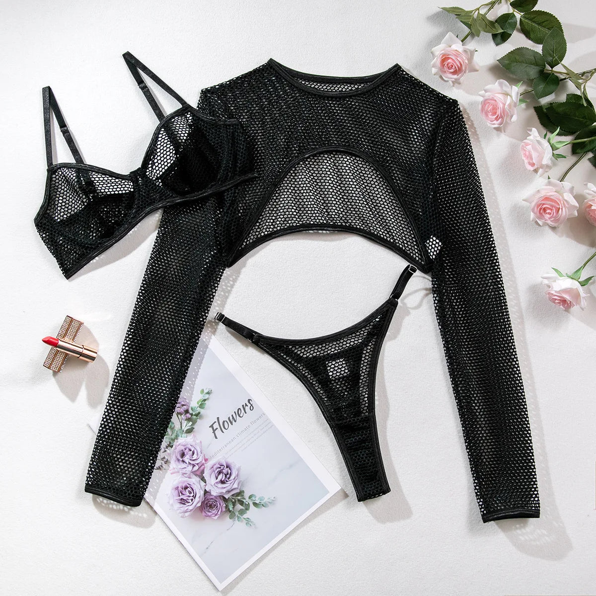 Fishnet Lingerie Transparent Bra Set With Long Sleeve Crop Top  Underwear Uncensored Sensual See Through Outfit