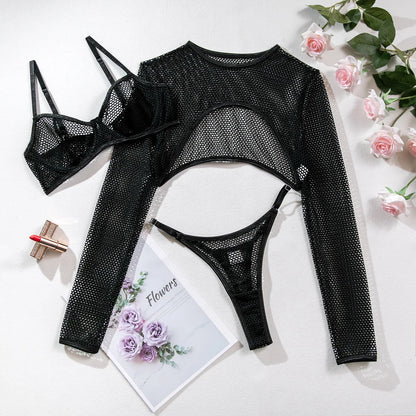 Fishnet Lingerie Transparent Bra Set With Long Sleeve Crop Top  Underwear Uncensored Sensual See Through Outfit