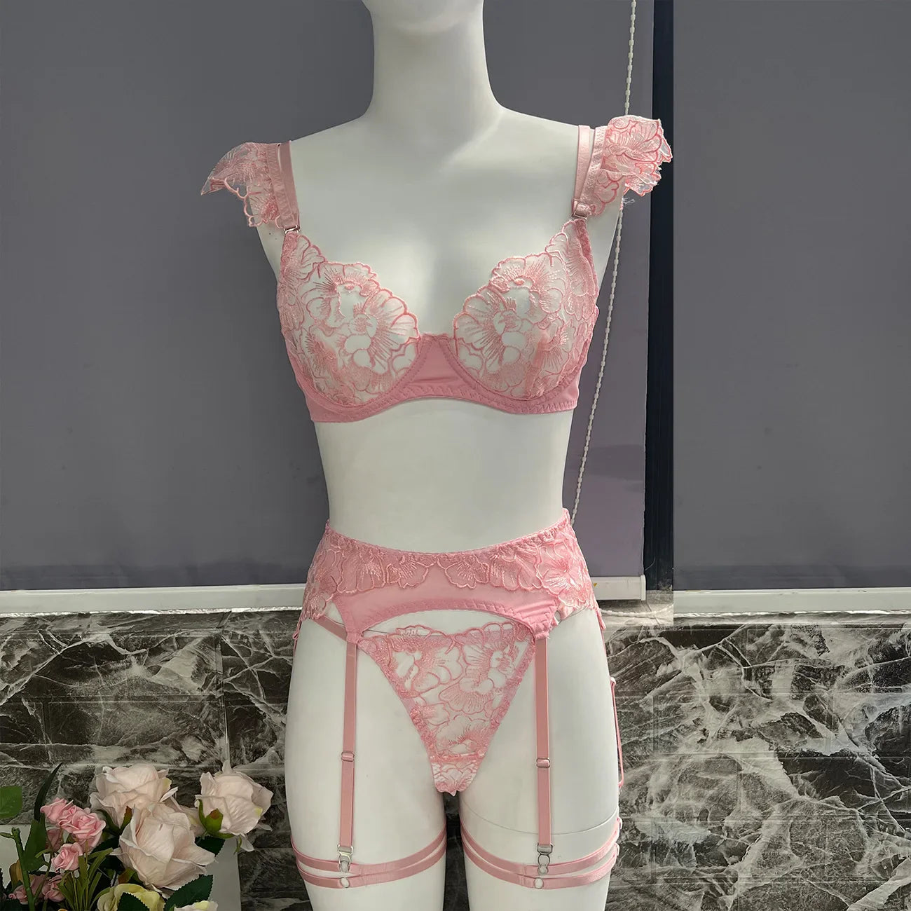 Ellolace Erotic Women's Lingerie Embroidery Lace Sexy Transparent Bra Ruffle Strap Fancy Garter Super Hot Full Underwear