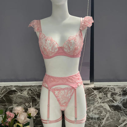 Ellolace Erotic Women's Lingerie Embroidery Lace Sexy Transparent Bra Ruffle Strap Fancy Garter Super Hot Full Underwear