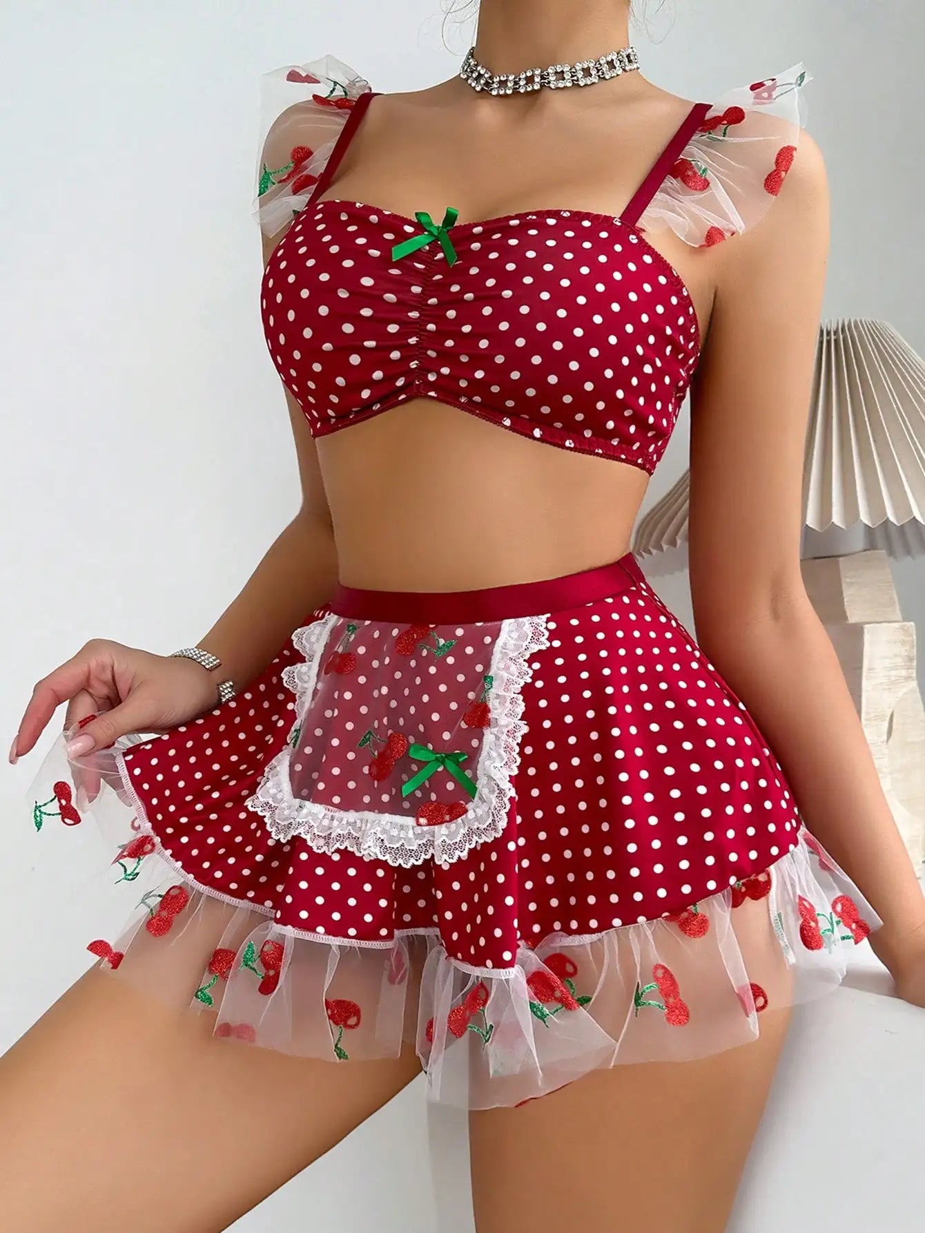 Ellolace Erotic Lingerie 3-Piece Ruffled Polka Dot Lace Sexy Outfit Cherry Sweet Girl Romantic Skirt Thongs Fancy Onlyfans Kit