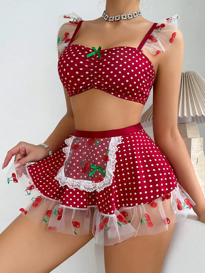 Ellolace Erotic Lingerie 3-Piece Ruffled Polka Dot Lace Sexy Outfit Cherry Sweet Girl Romantic Skirt Thongs Fancy Onlyfans Kit