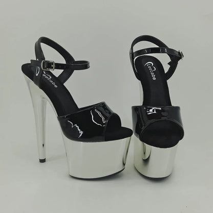 Shinny Silver Color 17CM/7Inch Beige Women's Platform Sandals  party High Heels Shoes Pole Dancing Shoes