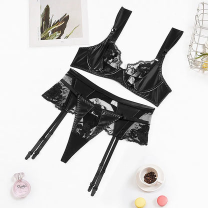 Leather Lingerie y Lace Patchwork Underwear 3-Piece Floral Sheer Bra And Panty Set Garter Intimate  Outfit
