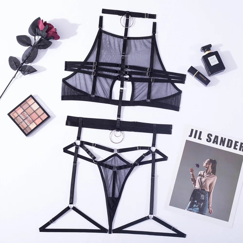 Sensual  Lingerie For Full  Transparent Bra Thongs Seamless  Bilizna Set Sheer Lace  Outfits