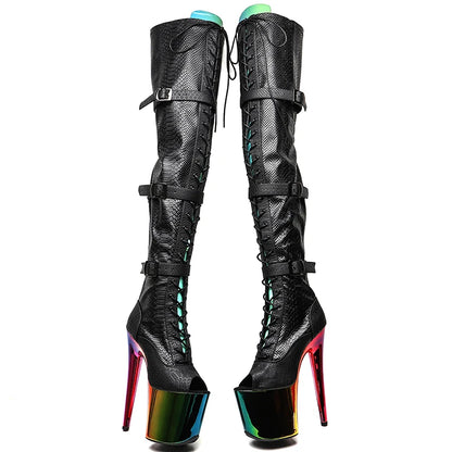 20CM/8inches Snake PU Upper Open Toe  With Colorful Electroplate High Heel Platform Boots Pole Dance Boots