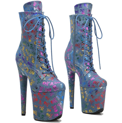 20CM/8inches Skull pattern Super High Heel Pole Dancing Ankle Boots Lacing  Fashion Club Stage Performance High Heel 3B