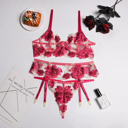 Floral Lingerie y Fancy Underwear Embroidery  Brief Sets Lace Transparent Underwire Bra And Thong with Garters