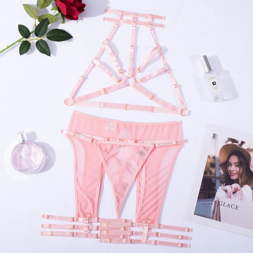 Sensual Lingerie Hollow Bra  Woman Without Censorship Light Pink  Costume Halter y Bilizna Set Of