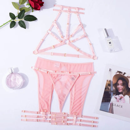 Sensual Lingerie Hollow Bra  Woman Without Censorship Light Pink  Costume Halter y Bilizna Set Of