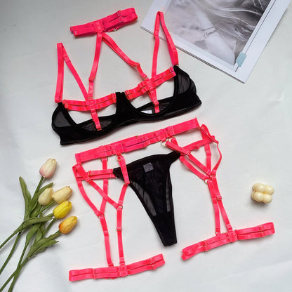 Female Lingerie  y Costume Hollow Out  Halter Bra Thongs With Belt Stocking Neon You Can See Underwear