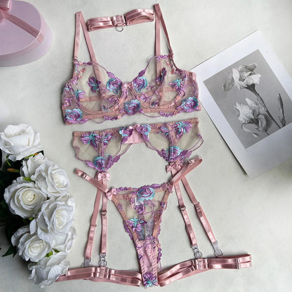 Floral  Lingerie Transparent Fantasy Underwear Pushup Bra And Panty Set Fairy Lavender Delicate Belt Briefs kit