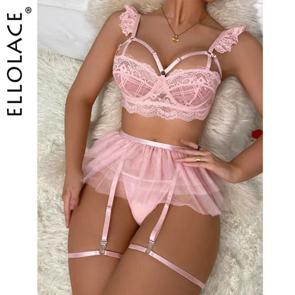 Ellolace Ruffle Lace Lingerie See Through Sexy Outfits Bra Kit Push Up Seamless Underwear Sissy Tulle Garter Exotic Sets
