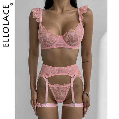 Ellolace Erotic Women's Lingerie Embroidery Lace Sexy Transparent Bra Ruffle Strap Fancy Garter Super Hot Full Underwear