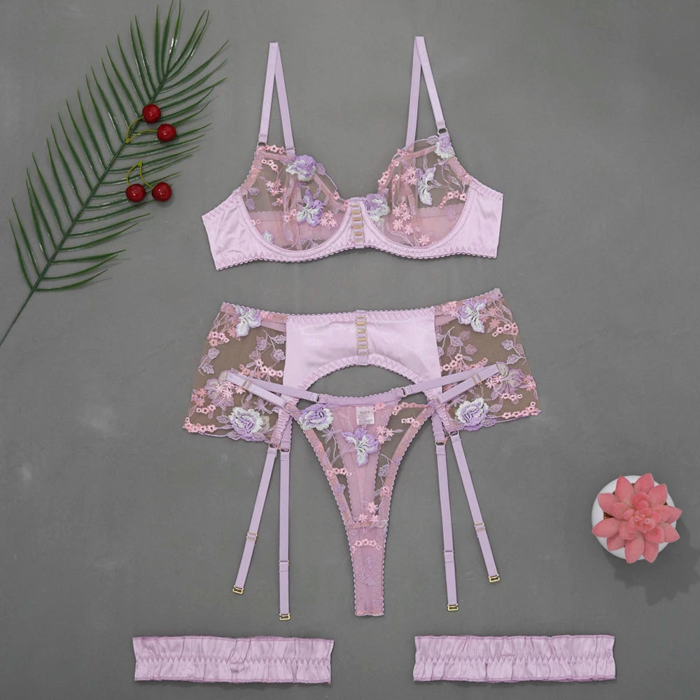 Fancy Lingerie  Floral Underwear Transparent Bra Luxury Lace y Outfits  See through Tulle Intimate