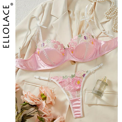 Ellolace Pink Lace Lingerie Sweet Girl Slip Underwear Silk Delicate Embroidery Bilizna Set Sissy Translucent Tulle Intimate