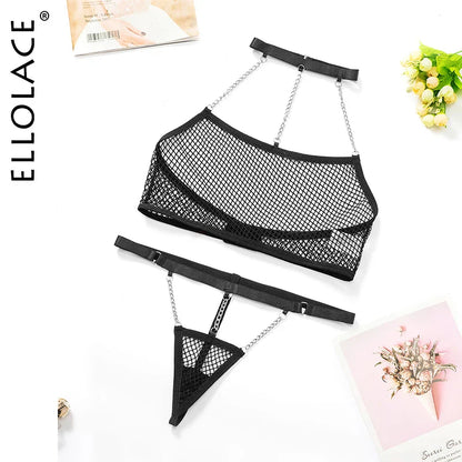 Ellolace Fishing Net Lingerie With Chain Sexy Porn Underwear Women Body Naked Uncensored Intimate Sissy See Through Outfits