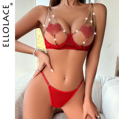 Ellolace Heart Erotic Lingerie Onlyfans Kit Rhinestone Balcony Bra Bilizna Set Sissy Red Romantic Valentine Hot Sensual Outfits