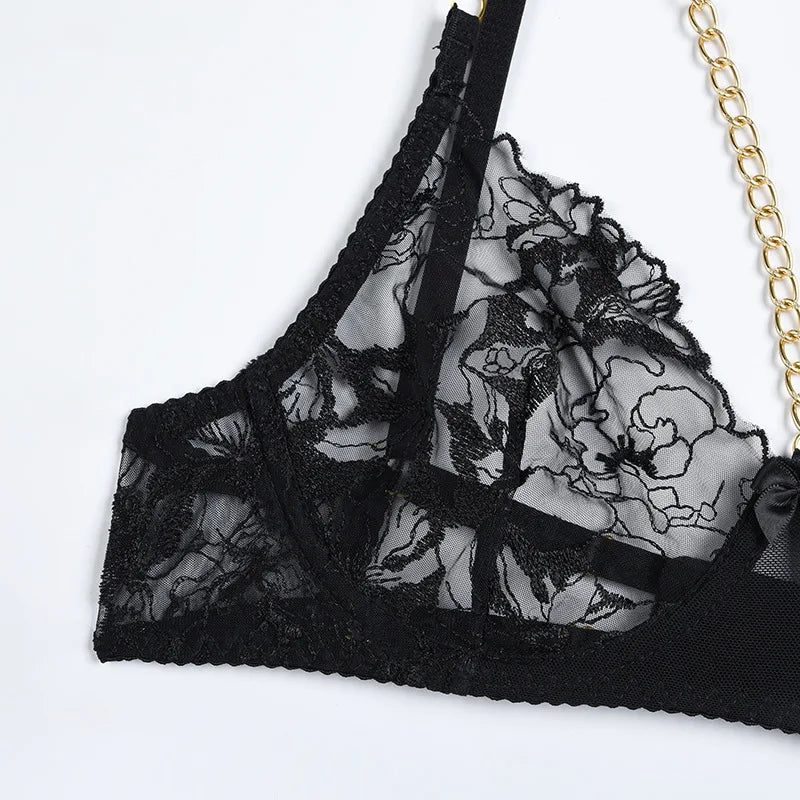 Lingerie Luxury Lace Female Underwear y Transparent Bra Panty Sets With Chain Fancy See Through Exotic Sets 4-Piece