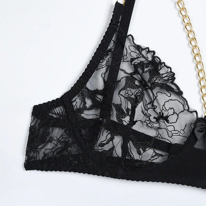 Lingerie Luxury Lace Female Underwear y Transparent Bra Panty Sets With Chain Fancy See Through Exotic Sets 4-Piece