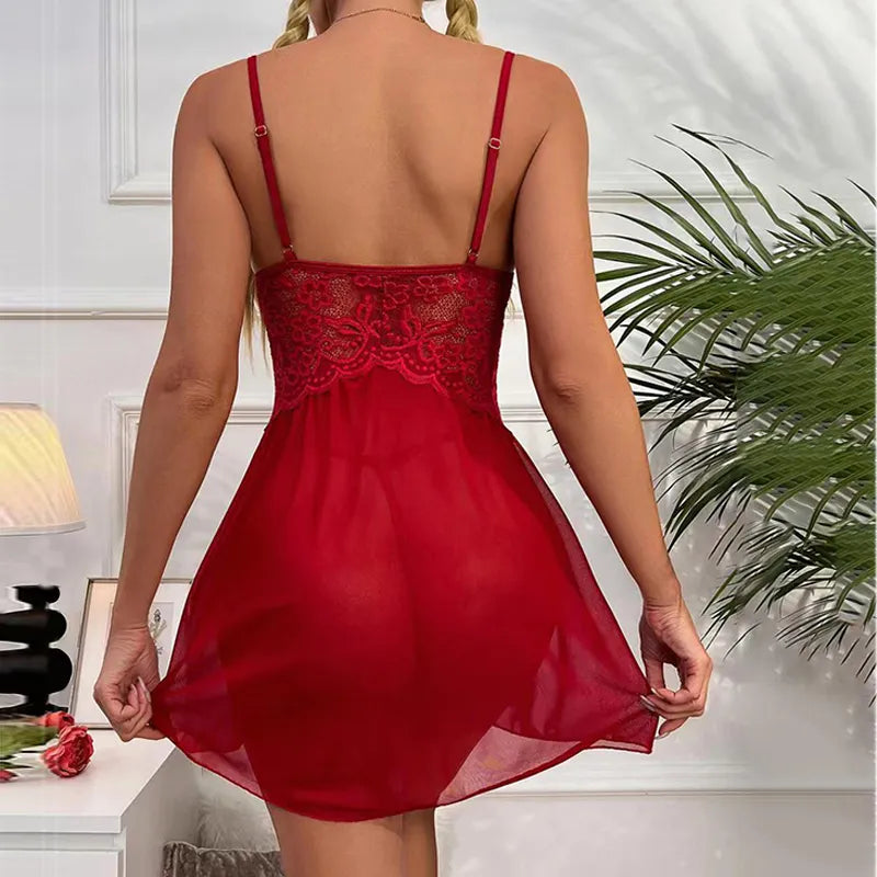 Pajamas Set Woman Underwear Lace Suspenders Lingerie Open Sleeping Pajamas  Nightdress And G-strings Sets Sleepwear