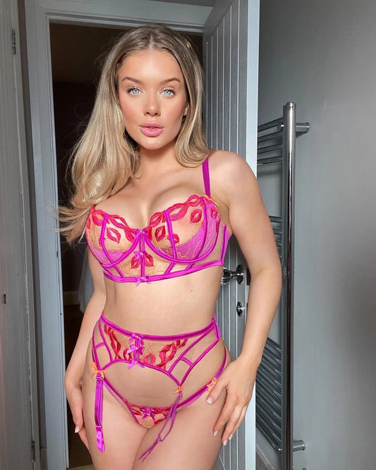 Ellolace Fancy Lingerie Red Lips Embroidery Lace Delicate Bra Sissy Tulle Underwar Uncensored Onlyfans Kit Ensemble 5-Piece