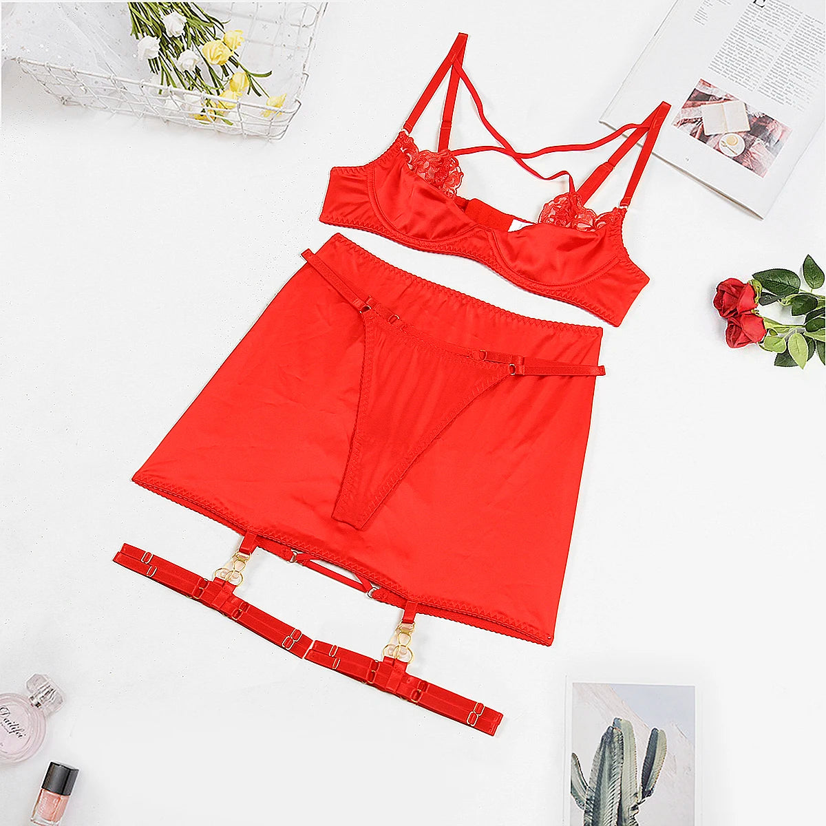 Fancy Lingerie Cross Bra Push Up Underwear  Garter Luxury Lace Brief Sets Exotic Intimate Sensual  Outfit