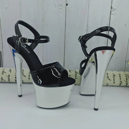 Shinny Silver Color 17CM/7Inch Beige Women's Platform Sandals  party High Heels Shoes Pole Dancing Shoes