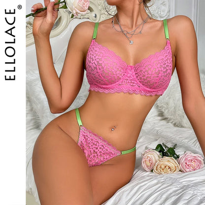 Ellolace Contrast Color Lingerie Lace Intimate Goods Translucent Bra Set Woman 2 Pieces Seamless Sexy Outfits Push Up Underwear