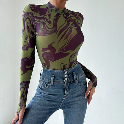 Ellolace Tie Dye Sexy Body Woman 2024 Long Sleeve One Piece Girl Body Seamless Sissy Tops Crotchless Tight High Cut Ladies Cloth