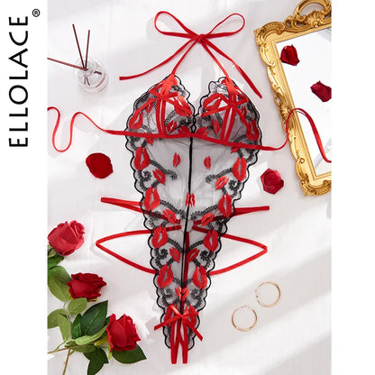 Ellolace Flaming Lips Halter Tight Erotic Lingerie Open Bra Crotchless Body Pure Desire Backless Transparent Lace Porn Costume
