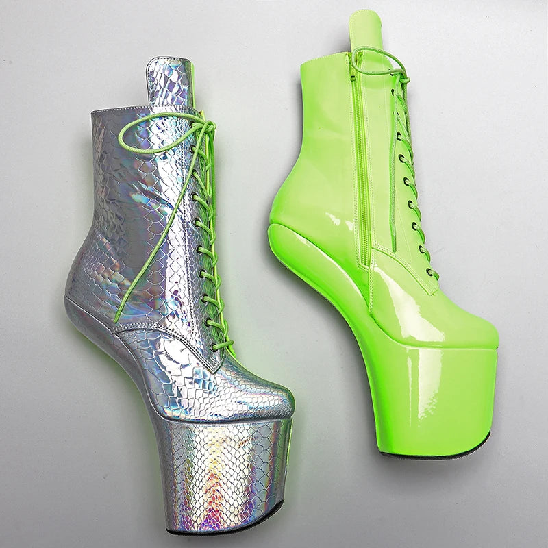 PU Upper  Silver with green color Platform Ankle Boots y Exotic heelless pole dance shoes
