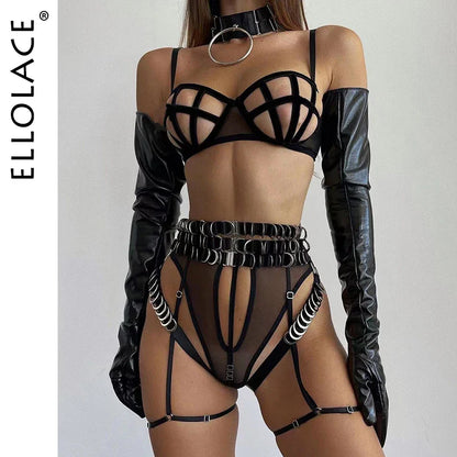 Ellolace Sensual Lingerie Hollow Bra Sexy Porn Underwear Women Body Garter Belt With Rings Naked Without Censorship 3-Piece