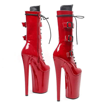 23CM/9inches Patent Upper High Heels Platform Mid Calf Boots  Lace Up y Pole Dancing Boot