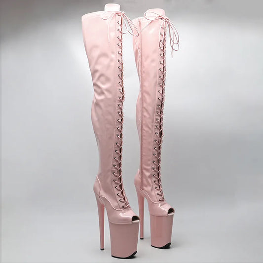 23CM/9inches Patent Upper Women Fashion High Heel Platform Open Toe Thigh High Boots Pole Dance Boot