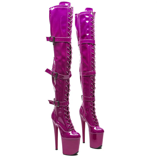 20CM/8inches Patent Upper Women Fashion High Heel Platform Lace Up Thigh High Boots Pole Dance Boots